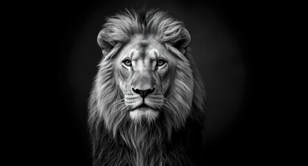 Fototapeta premium Bold black and white capture of a lion against dark background