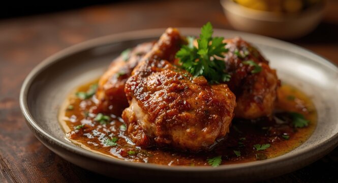 Flavor-rich chicken thighs cooked in a blend of oyster sauce and guava jam with fresh parsley