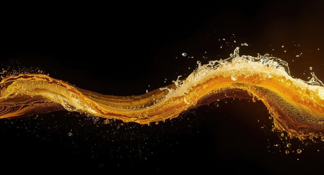 Dark backdrop showcasing a lively golden beer wave with splashes highlighting beverage freshness