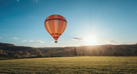Obraz premium A beautiful balloon gliding through the air over open countryside on a sunny afternoon