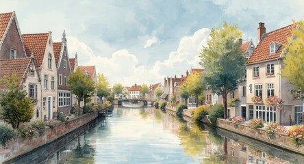 Fototapeta premium Colorful architectural watercolor painting of quaint canal houses along a peaceful waterway