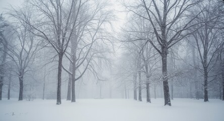 Obraz premium A tranquil winter park with trees stripped of leaves in snowfall
