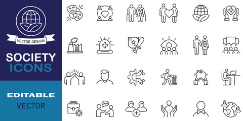 Set of society outline icons. Containing icons related to education, healthcare, agriculture, economy, justice, technology, home, healthcare, society, infrastructure and more. Vector illustration.