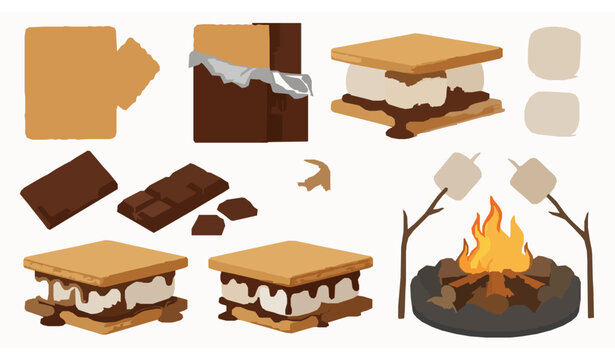 S&rsquo;mores ingredients and campfire roasting vector illustration camping snacks