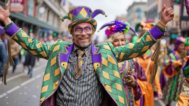 People celebrate Mardi Gras in New Orleans with bright costumes and beads. A smiling man stands out among the crowd, adding to the joyful atmosphere of the festival.