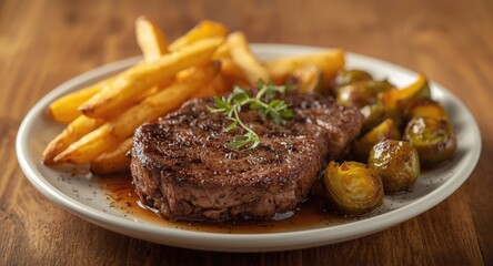 Flavorful medium rare steak frites with garlic herb butter potatoes and oven roasted Brussels sprouts classic dish from a steakhouse menu