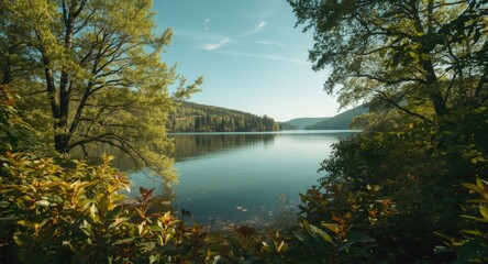 Obraz premium Lakeside panorama showcasing abundant plant life and water