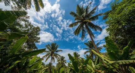 Obraz premium A vibrant sunny day with lush banana and coconut plants and tall leafy trees under a patchy blue and white cloud sky