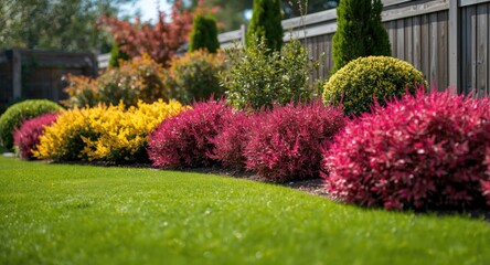 Fototapeta premium Attractive garden patch including a smooth green lawn and vibrant shrubs