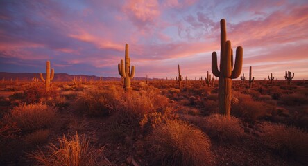 Fiery dusk over expansive desert plain with distinctive cactus forms native to southwestern terrain