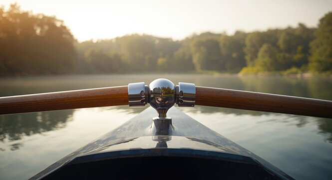 Boat rowing oar held by metal oarlock framed by soft summer lake ambiance