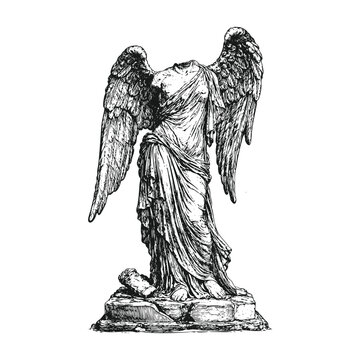 Vintage Engraving Style Illustration of a Headless Winged Victory Statue Vector