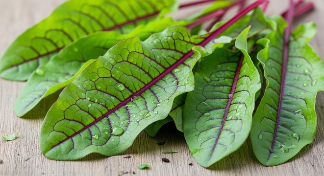 Fresh sorrel leaves with vibrant red veins glistening with water droplets on a wooden surface