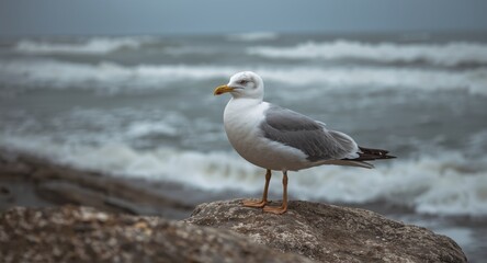Obraz premium Coastal seagull sitting atop stone overlooking dynamic shoreline waves