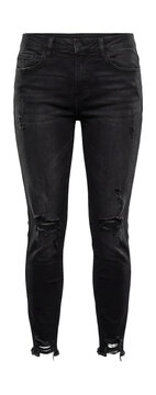 Distressed black jeggings with frayed hems and faux pockets
