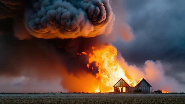Massive fireball and rolling smoke plume engulfing rural barn structures across open farmland at dusk