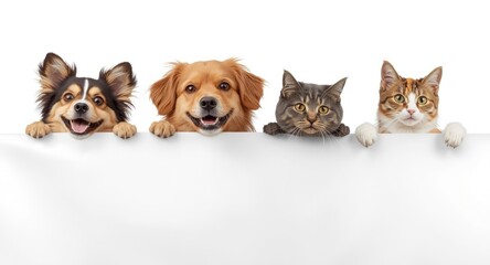 Joyful dogs and cats peeping from a crisp white banner with paws gently hanging