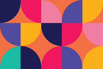 Vibrant geometric abstract pattern with colorful semicircles and bold modern shapes, seamless retro style background for wallpaper, textile, branding, packaging, posters and contemporary graphic desig