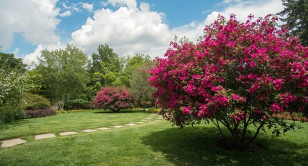 Fototapeta premium Garden landscape with pink oleander blooms and copy space zone