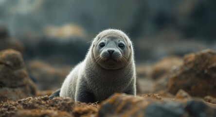 Naklejka premium Confident young grey seal pup exhibiting fun and lively behavior outdoors