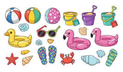 Cute cartoon beach toys illustration set for kids and summer branding © Najmul