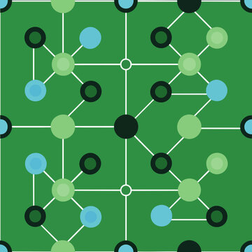 Abstract green network pattern with interconnected circles and lines, symbolizing data flow, technology, science, or digital communication. Modern seamless background.