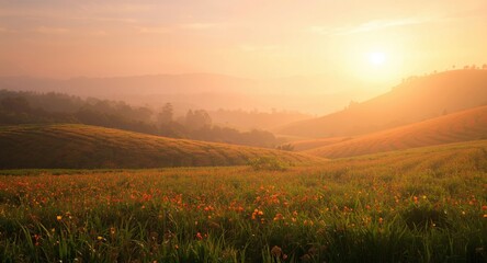 Obraz premium Luminous dawn spreading colorful light on raised fields