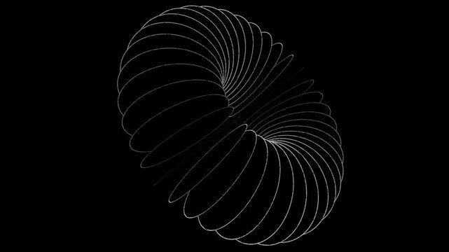 Abstract White Wireframe Torus Rotating on Black Background, Minimalist Geometric Motion Loop.
