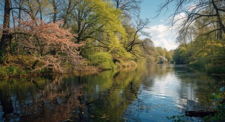 Obraz premium Calm river reflecting colorful trees and blossoming flowers during seasonal transition to summer
