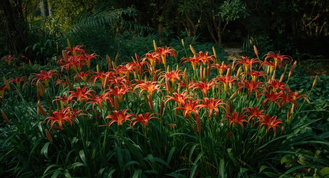 Lush park with vibrant beach spider lily blooms on display