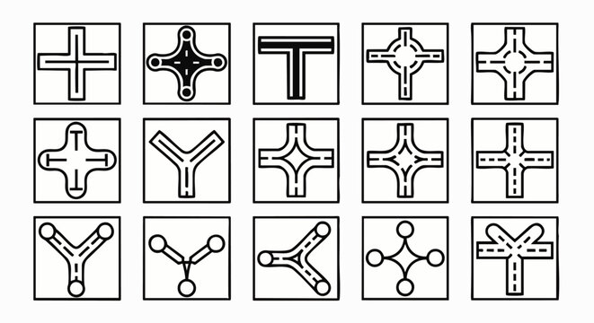 Set of diverse road intersection icons illustrating various junction types for navigation, mapping, and traffic flow concepts in a clean, minimalist vector design.