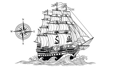Detailed black and white engraving of a historic sailing ship navigating rough ocean waves with a nautical compass rose nearby.