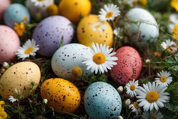 Obraz premium Vibrant Speckled Easter Eggs and Daisies Nestled in Green Grass for Spring Celebration.