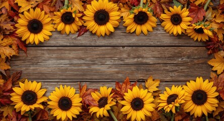 Obraz premium Golden sunflowers arranged on rustic wooden boards with autumn leaves creating charming copy space