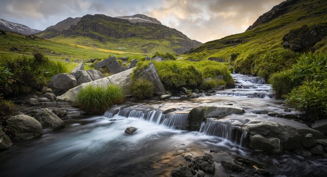 Icelandic foss nestled in a lush green mountainous region