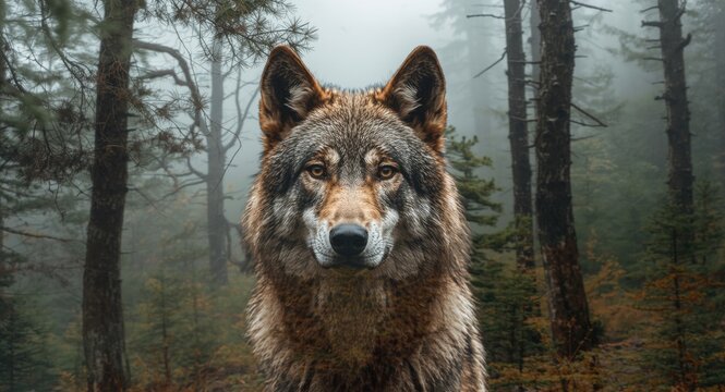 Double exposure photograph combining a wolf image with natural forest backdrop