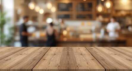 Fototapeta premium Brown wooden tabletop with gentle blur of coffee shop and bakery interior