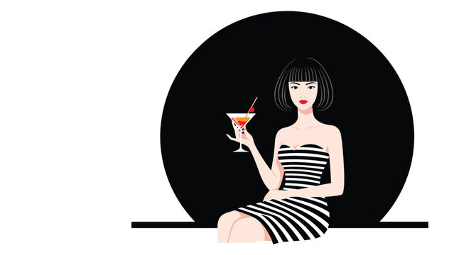Elegant woman with a black bob haircut sits in a striped dress while holding a cocktail glass against a large black circle.