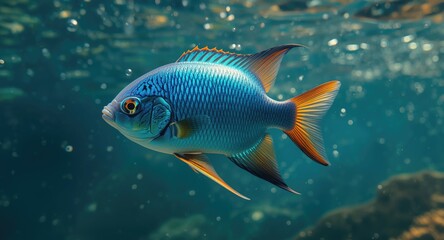 Fototapeta premium Electric blue fish with striking colorful fins and tail swimming in liquid environment