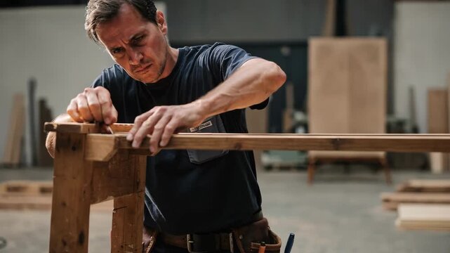 Crew member assembling prop furniture on partial build film set tight medium shot capturing concentrated expression with outoffocus backdrop.