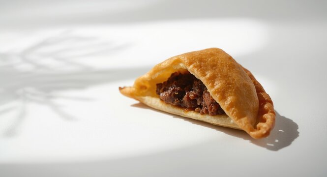 freshly baked lamb samosa with flaky crust on white background