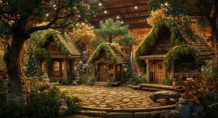 Fototapeta premium Artistic home construction concepts shown with wooden houses and tree decorations