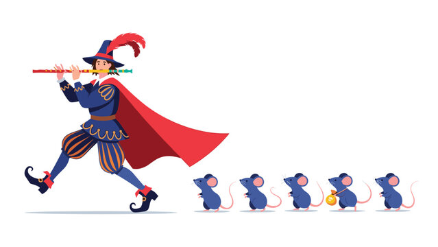 Pied piper of hamelin wearing a feathered hat and cape plays his flute while leading a group of small mice across the floor.