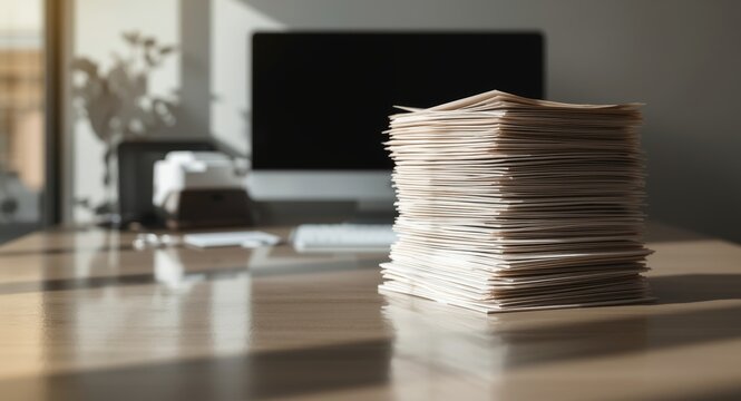 High stack of paper archives ready for digital scanning