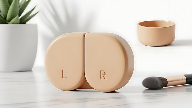 Beige contact lens case with L and R markings on table, 3D render, eye care accessory with makeup brush and plant background, hygienic storage container for vision correction, morning routine concept