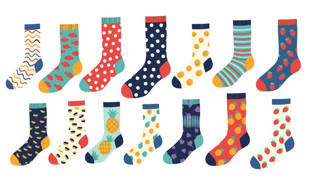 Large collection of colorful socks with various fun patterns like stripes, dots, fruit, and fish are displayed against a white background.