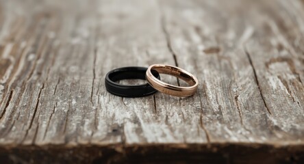 Close shot of mens wedding bands in black and rose gold on weathered wood panel with copy space