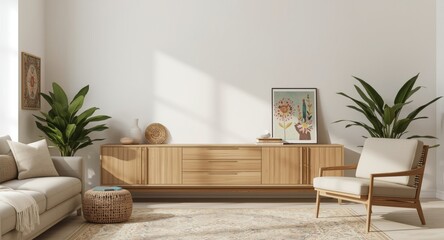 Elegant modern beige living room with wooden sideboard and artistic boho decorations including a painting mock up © CreativeBro