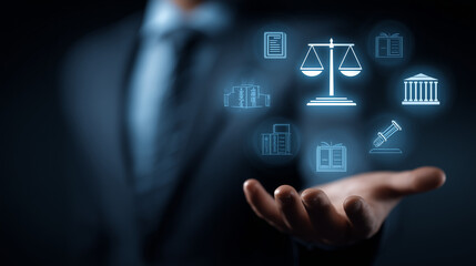 Businessman presenting digital law and justice icons with legal scale and court symbols
