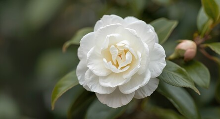 Detailed view of white camellia flower blossoming on a delicately blurred setting